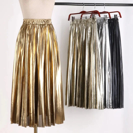 Women Vintage Long Pleated Solid Flared Midi Skirt Elegant Mid-Calf Empire Shiny Maxi Skirt EB333-1611-38