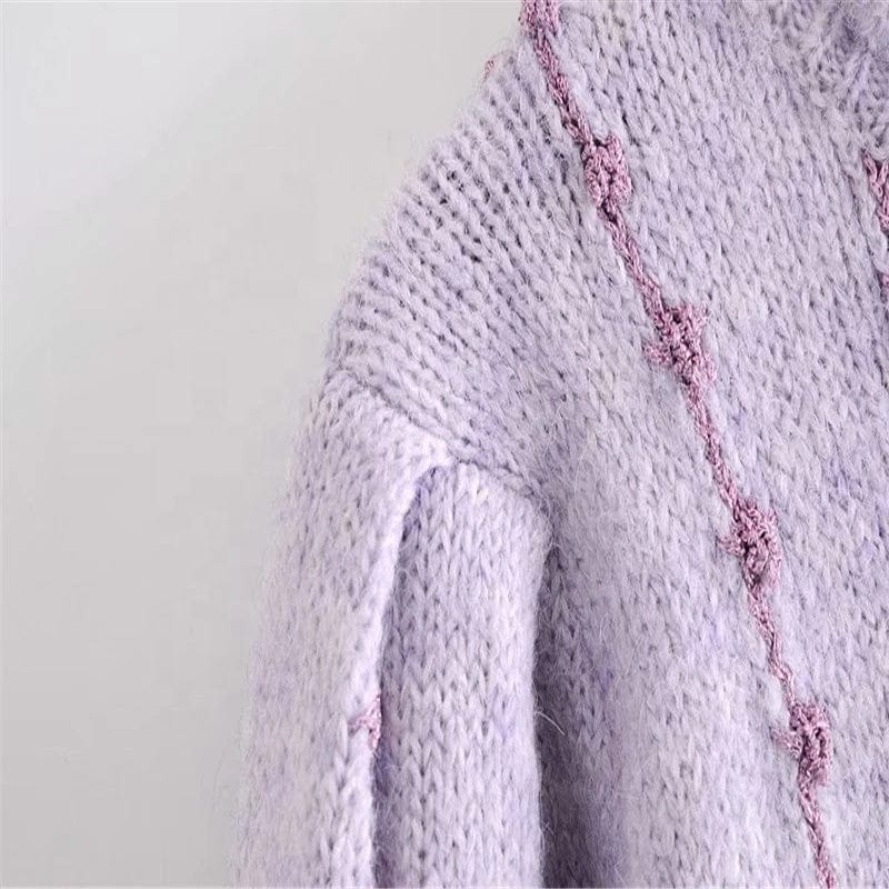 Women Winter Thread Knit Sweater Long Sleeve High Collar Vintage Purple Sweaters Woman Streetwear Slim Pullover