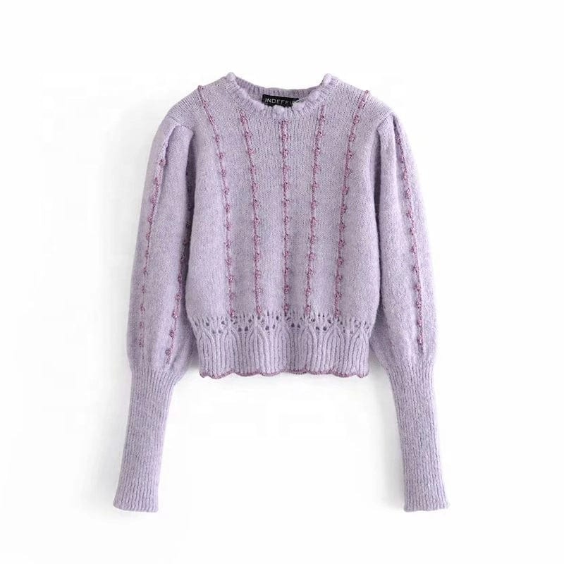 Women Winter Thread Knit Sweater Long Sleeve High Collar Vintage Purple Sweaters Woman Streetwear Slim Pullover