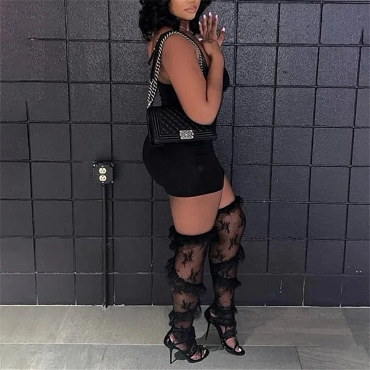 Women Y2K American Reto Hotsweet Summer Lace Thigh High Socks Sheer Ruffle Floral Stockings Socks