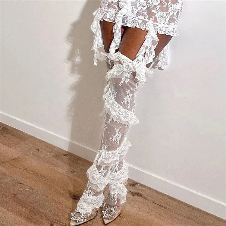 Women Y2K American Reto Hotsweet Summer Lace Thigh High Socks Sheer Ruffle Floral Stockings Socks