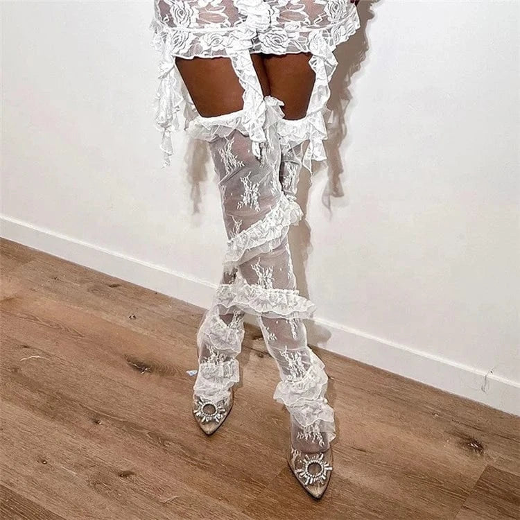 Women Y2K American Reto Hotsweet Summer Lace Thigh High Socks Sheer Ruffle Floral Stockings Socks
