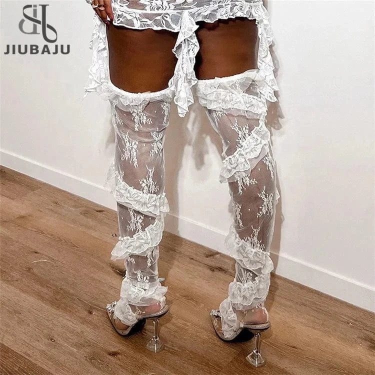 Women Y2K American Reto Hotsweet Summer Lace Thigh High Socks Sheer Ruffle Floral Stockings Socks