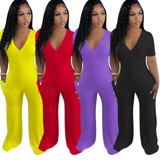 Womens Clothing V-neck Rompers Women Solid Rompers Casual  Clothing One Piece Jumpsuit Mujer with Pockets