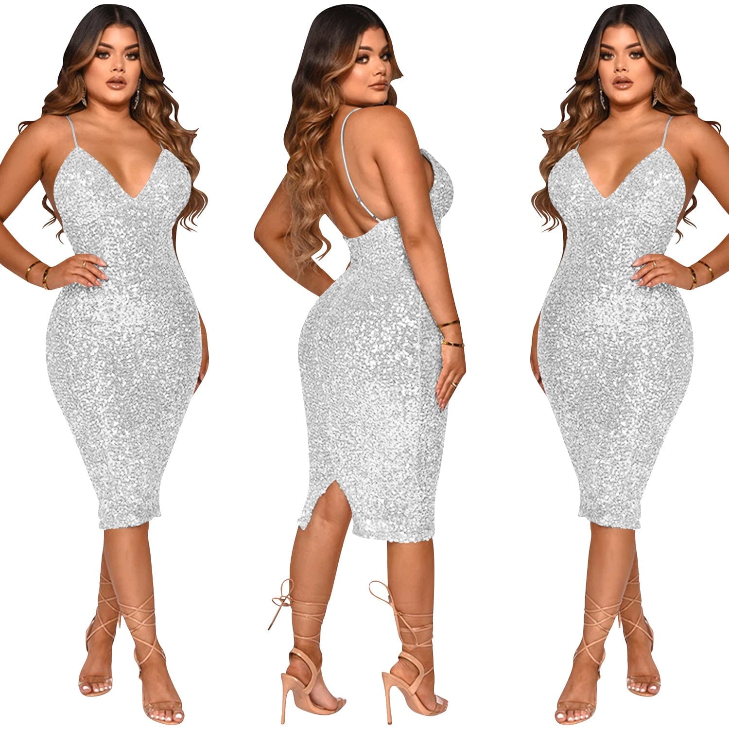 Womens Dresses 2022 Elegant Backless Sexy Sequined Sling Club Midi Dress Lady Low Cut Bodycon Shinny Solid Color Dresses