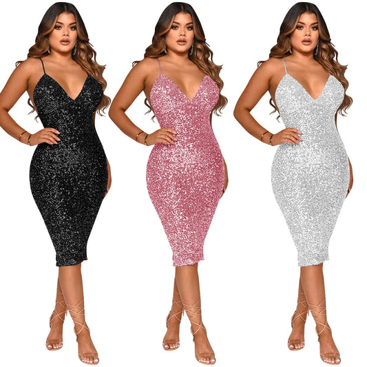 Womens Dresses 2022 Elegant Backless Sexy Sequined Sling Club Midi Dress Lady Low Cut Bodycon Shinny Solid Color Dresses