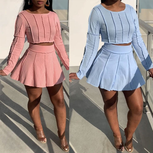 Womens Fall Fashion 2022 Autumn Women's Wear Solid Color Long Sleeve Pleated Skirt Set