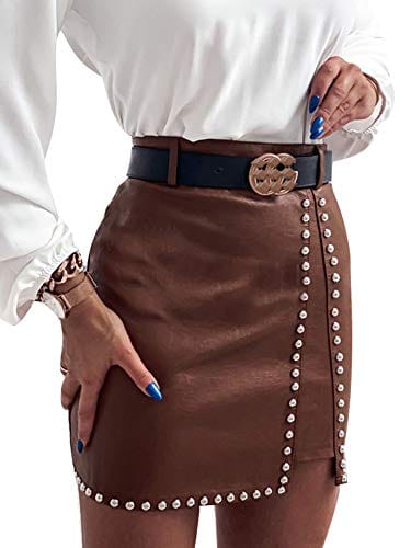 Womens Faux Leather Short Mini Skirt High Waist Rhinestone Studded Bodycon Pencil Skirt