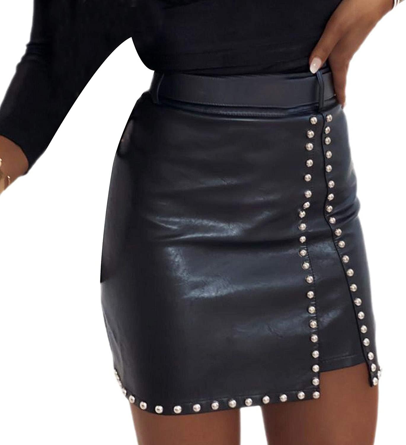 Womens Faux Leather Short Mini Skirt High Waist Rhinestone Studded Bodycon Pencil Skirt