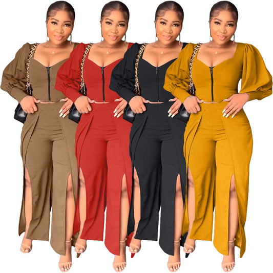 womens sets spring summer women office fashion casual puff sleeve split pants ladies two piece set women's clothing