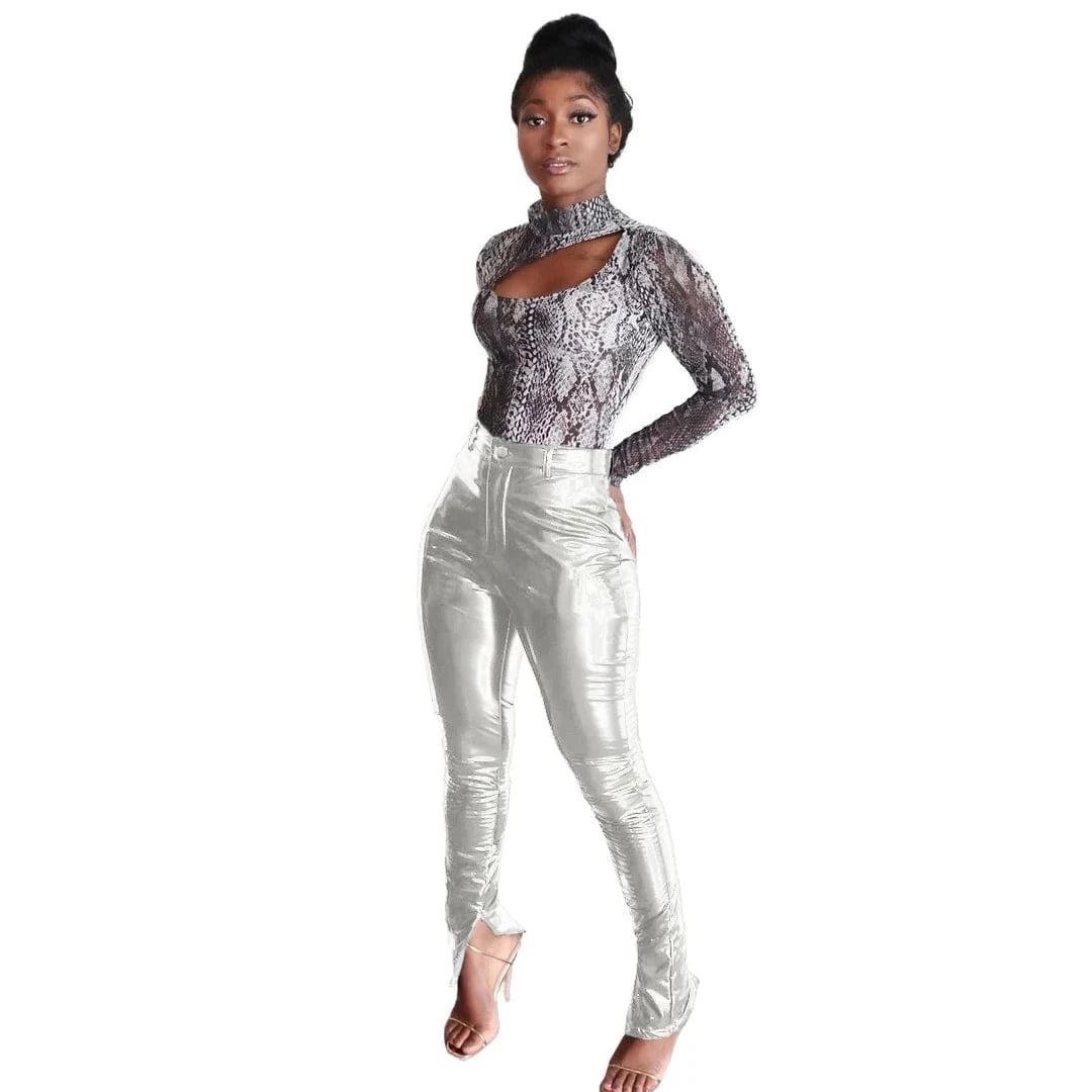 Womens stretch girls sexy fashion faux leather sexy shiny metallic trousers lady PU pants with straight-leg