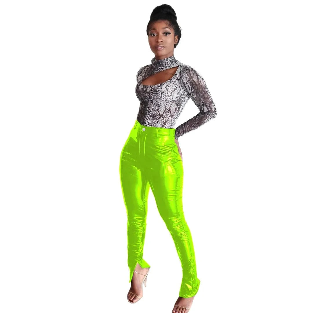 Womens stretch girls sexy fashion faux leather sexy shiny metallic trousers lady PU pants with straight-leg