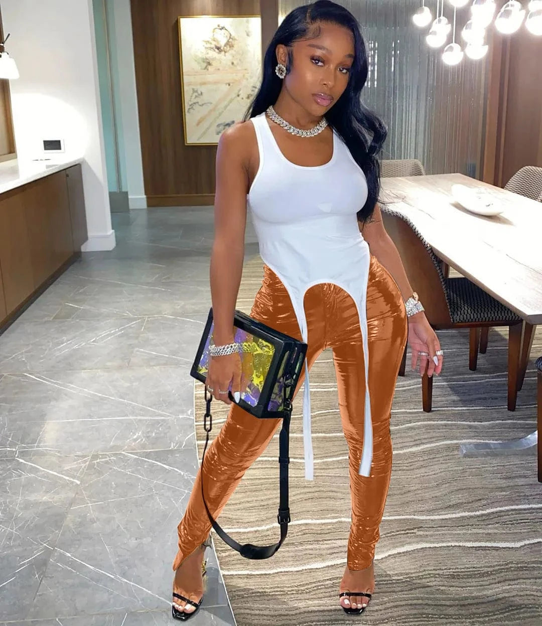 Womens stretch girls sexy fashion faux leather sexy shiny metallic trousers lady PU pants with straight-leg