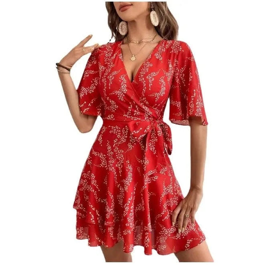 Womens Summer Short Sleeve V Neck Floral Print Dress New Women Chiffon Belt Dress