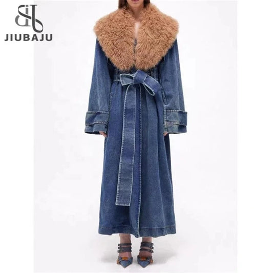 Womens Winter Warm Removable Fur Collar Long Jean Jacket Denim Maxi Oversize Jacket Trench Coat with Belt