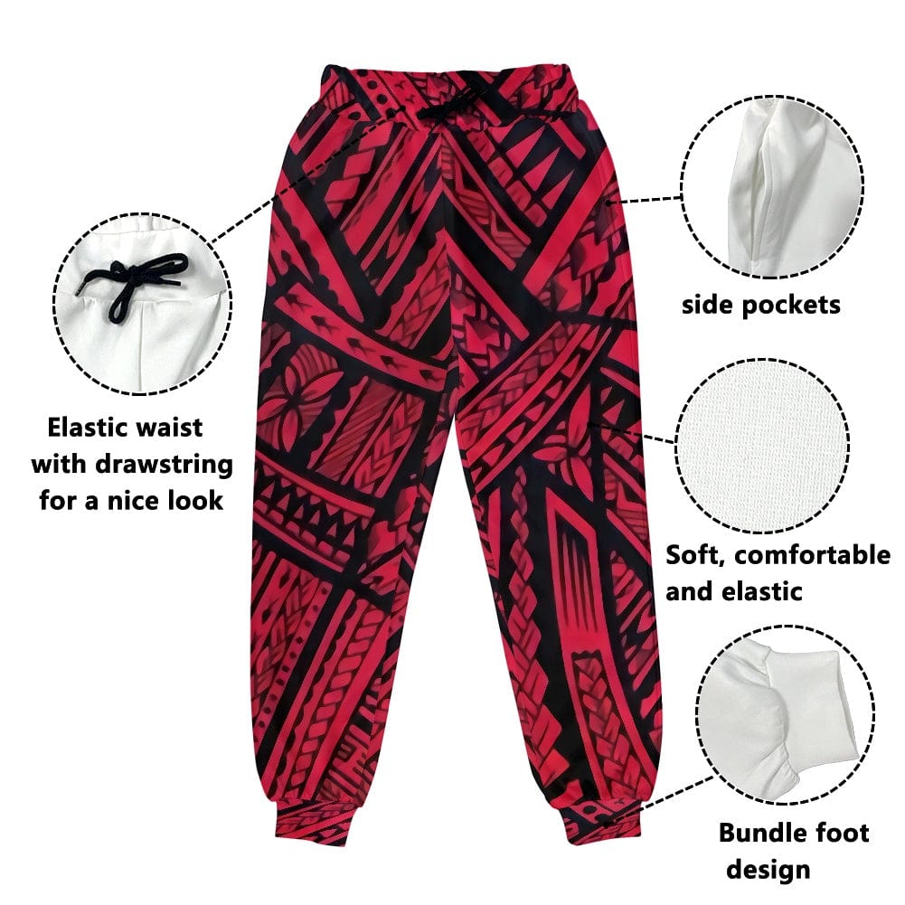 Womens Yoga Pants Trousers Sports Fitness Custom Red Polynesian Samoan Tribal Design Casual Tracksuit Girls Sweatpants Pockets
