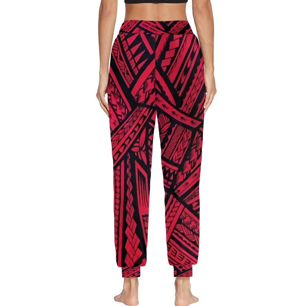 Womens Yoga Pants Trousers Sports Fitness Custom Red Polynesian Samoan Tribal Design Casual Tracksuit Girls Sweatpants Pockets