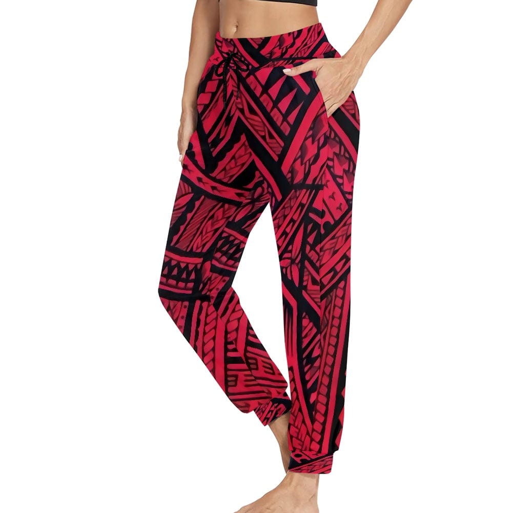 Womens Yoga Pants Trousers Sports Fitness Custom Red Polynesian Samoan Tribal Design Casual Tracksuit Girls Sweatpants Pockets