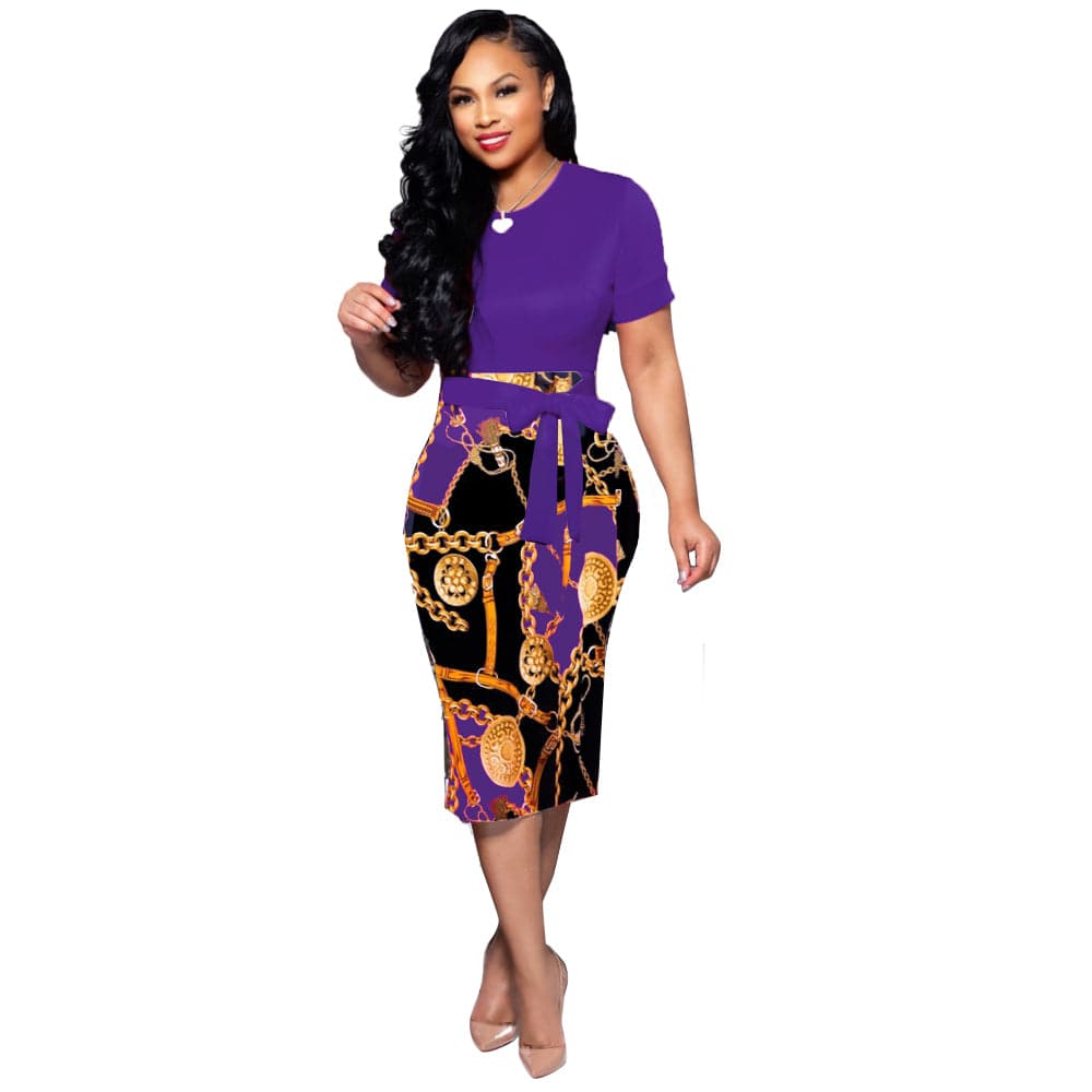 X9121 Hot-selling women's one-piece dresses with fashion printed zippers and tight short sleeves