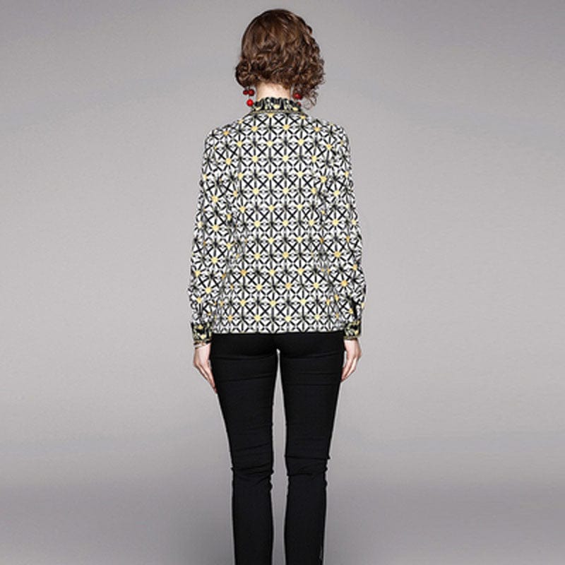 XC3222045-New Women's European and American Fashion Print Lapel Long Sleeve Shirt Slim Personalized Shirt