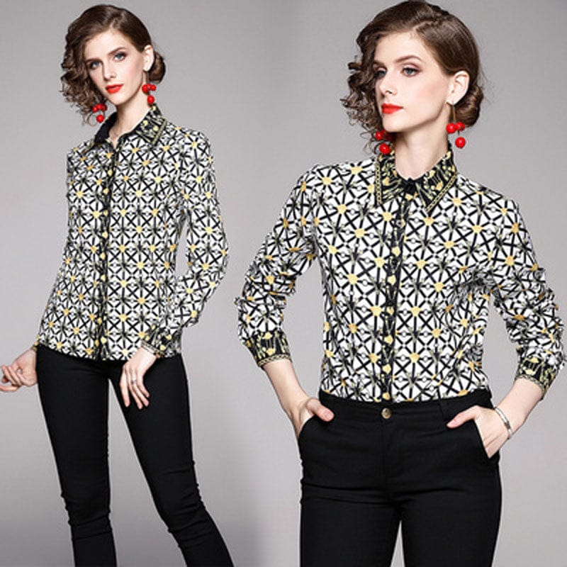 XC3222045-New Women's European and American Fashion Print Lapel Long Sleeve Shirt Slim Personalized Shirt