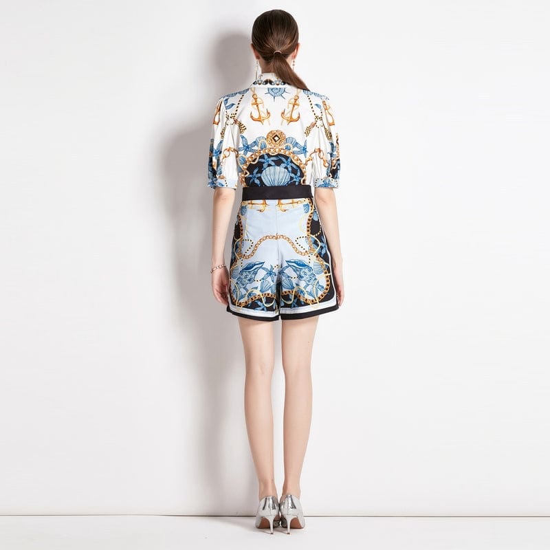 XC5034072 summer new retro lantern sleeve shirt waist shorts Chinese style printing two-piece women