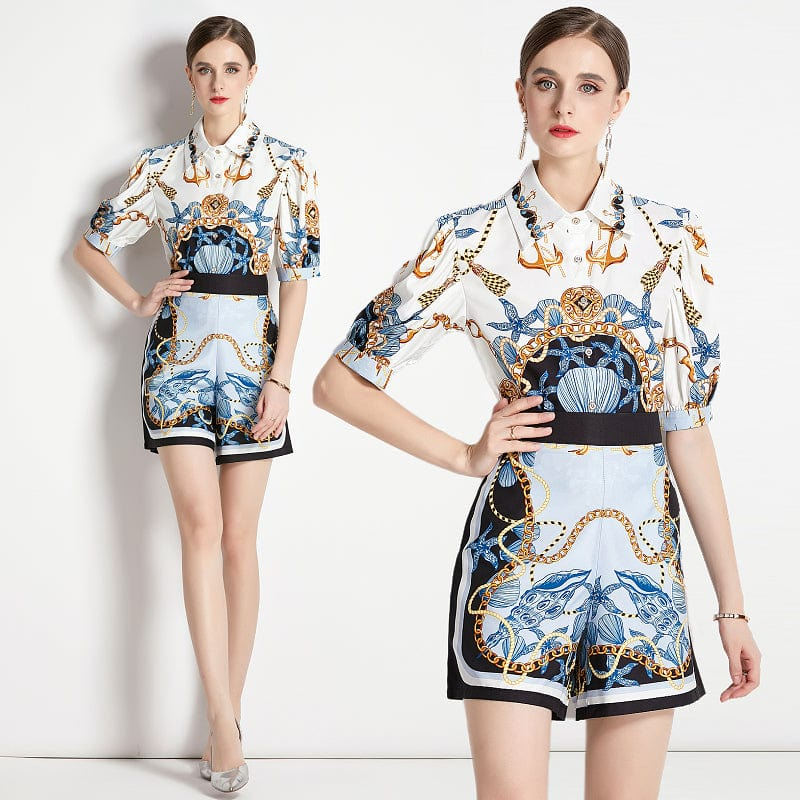 XC5034072 summer new retro lantern sleeve shirt waist shorts Chinese style printing two-piece women