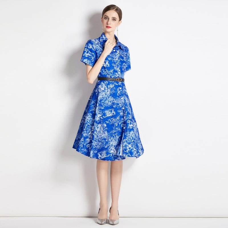 XC5955065 European station star with the same temperament lapel short-sleeved retro printing A-word slim dress
