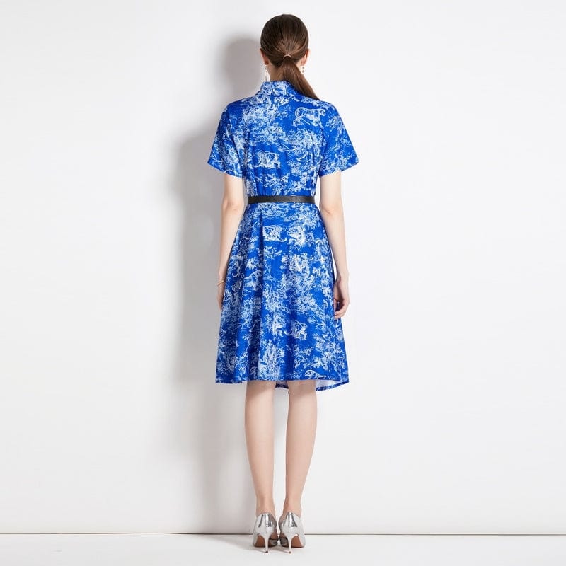XC5955065 European station star with the same temperament lapel short-sleeved retro printing A-word slim dress