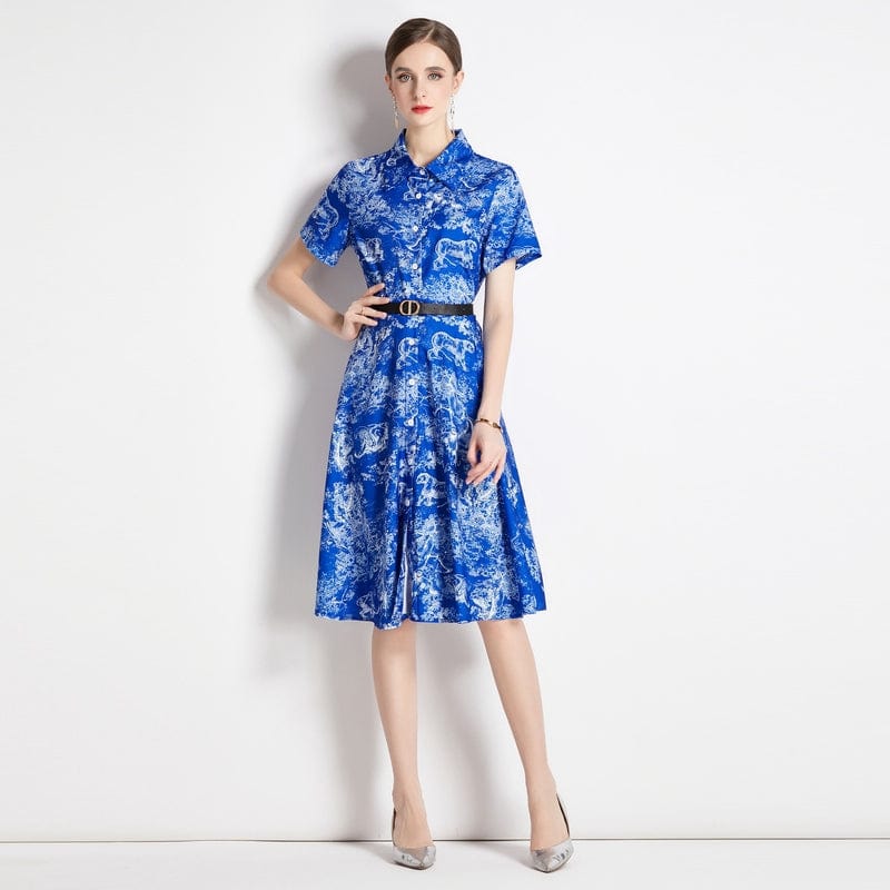XC5955065 European station star with the same temperament lapel short-sleeved retro printing A-word slim dress