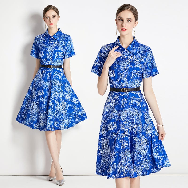 XC5955065 European station star with the same temperament lapel short-sleeved retro printing A-word slim dress