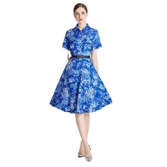 XC5955065 European station star with the same temperament lapel short-sleeved retro printing A-word slim dress