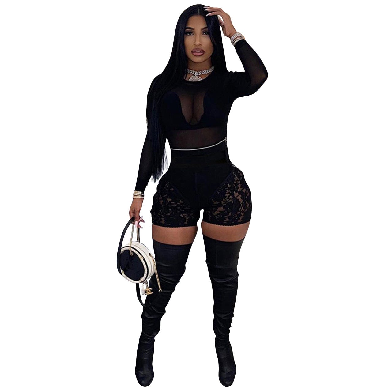XL / #02 Women Mesh Cover up Sets Sheer 2 Piece Outfits Crop Top Zipper Short Sets Club Wear
