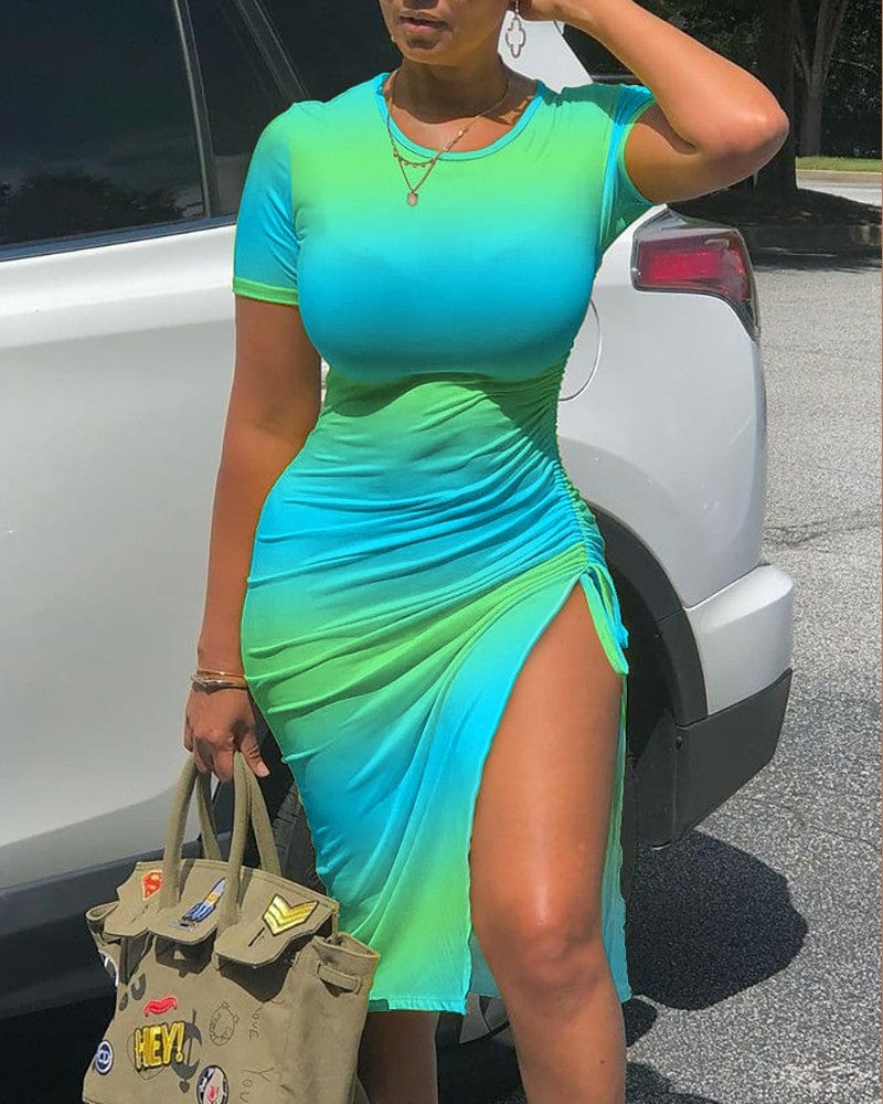 XL / #04 Dropshipping 2022 new arrival summer time short sleeve hip opening top women casual dress tie-dye body one step dress