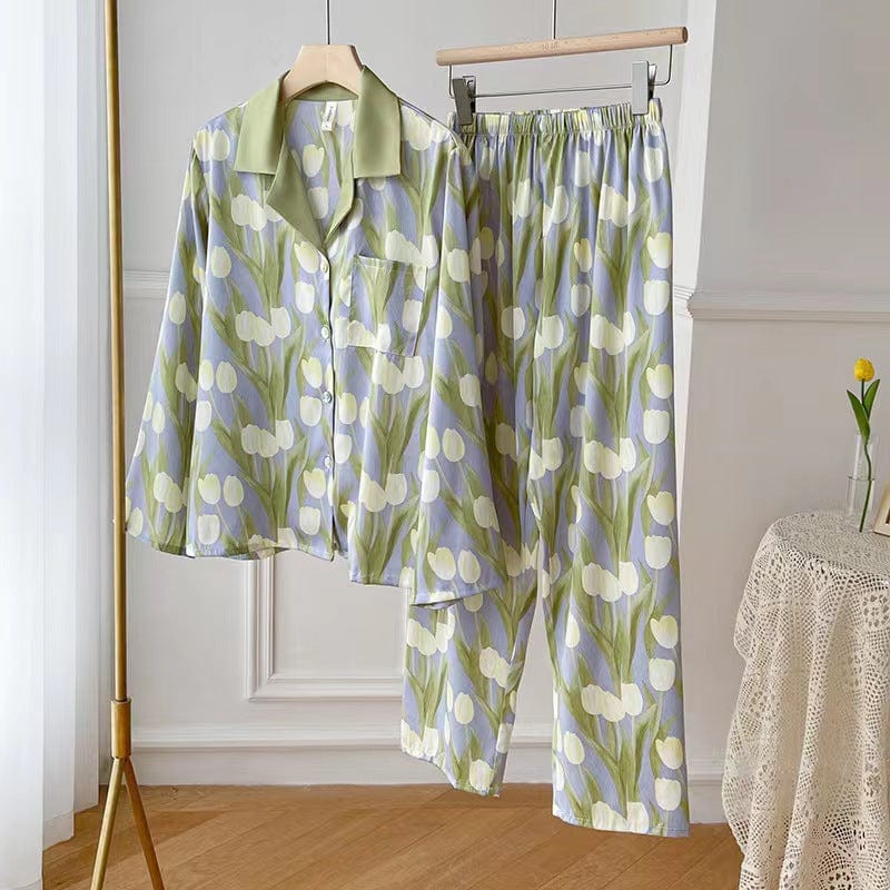 XL / 1 Bclout Female Home Clothes Pyjamas Two-Piece Set 2023 Autumn Thin Cardigan Long Sleeve Sleepwear Women Tulip Print Satin Pajamas