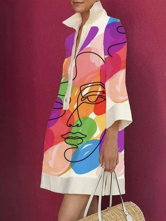 XL / 1 J&Hhot sale 2024 polo shirt long sleeve Printed Dress New arrivals Polo Collar Solid Button Middle loose casual dresses