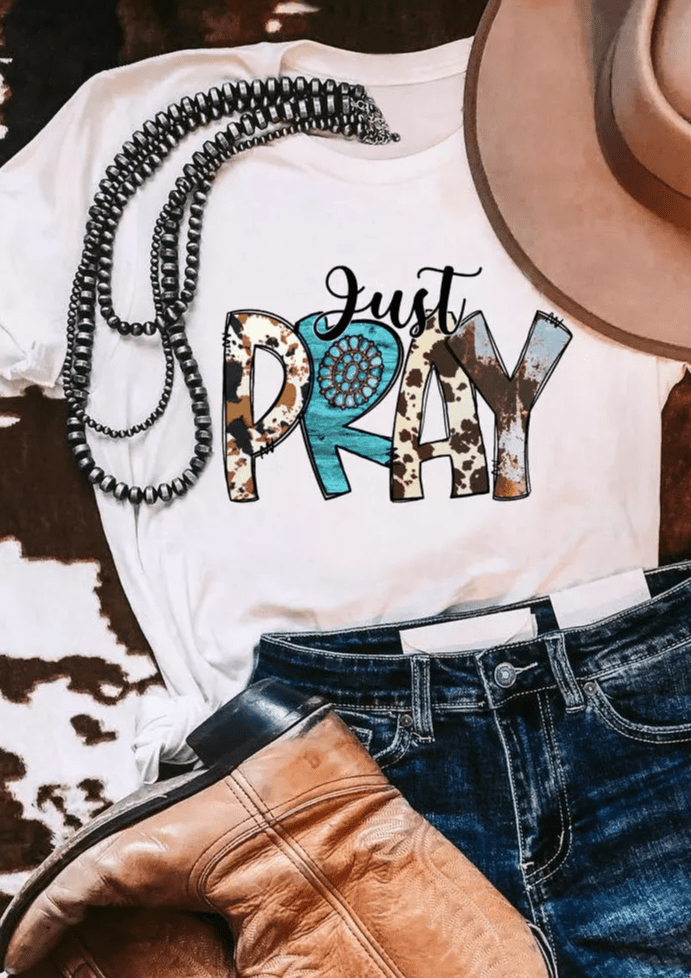 XL / 1 Just Pray Turquoise Cow T-Shirt Tee