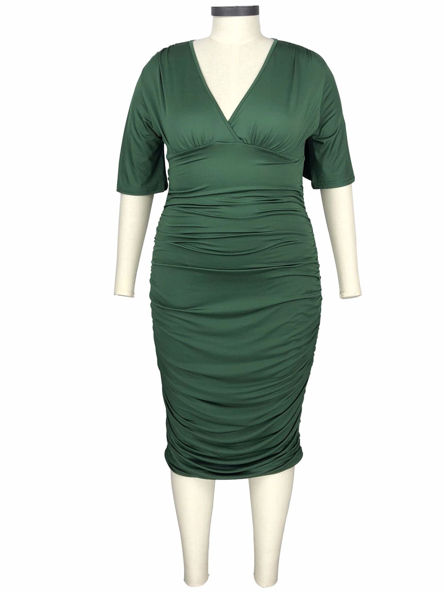 XL / 1 New Trend 3/4 Sleeve Ruffles V Neck Big Plu Size Office Lady Elegant Women Bodycon Midi Dress