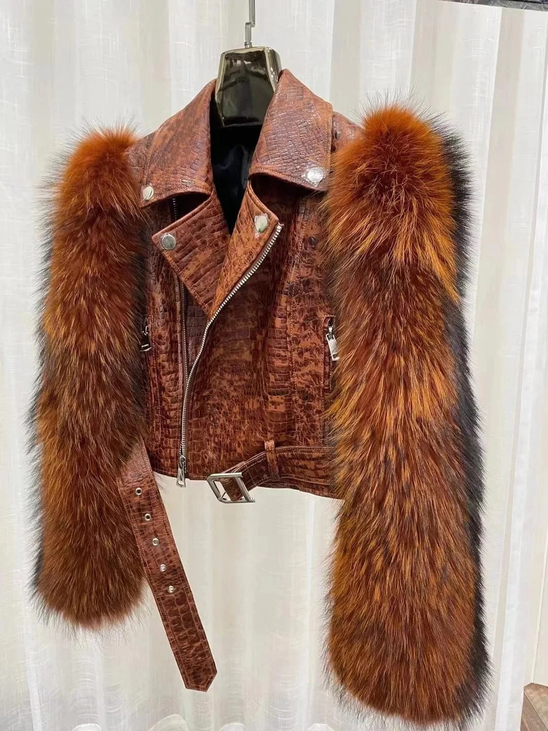 XL(104CM) / Orange 2023 New Fashion Crocodile Pattern Sheepskin Patent Leather Short Temperamental Genuine Leather Fur Integrated Coat