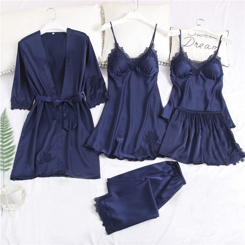 XL / 1905Dark blue ladies New 5 Five Piece Pajamas Silk Pajamas Suspender Skirt Pajamas for Women Home Service sleepwear set