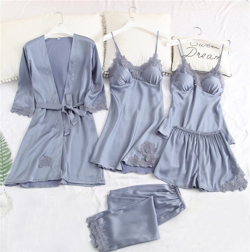 XL / 1905Gray ladies New 5 Five Piece Pajamas Silk Pajamas Suspender Skirt Pajamas for Women Home Service sleepwear set