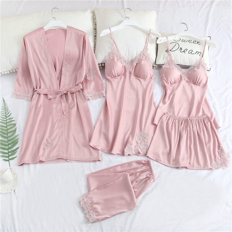 XL / 1905Pink ladies New 5 Five Piece Pajamas Silk Pajamas Suspender Skirt Pajamas for Women Home Service sleepwear set