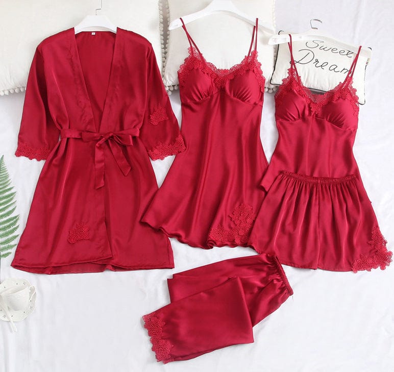 XL / 1905Red ladies New 5 Five Piece Pajamas Silk Pajamas Suspender Skirt Pajamas for Women Home Service sleepwear set