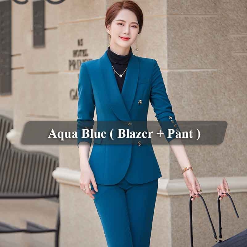 XL / 2 Piece Aqua Blue Pant Suit High-quality Wholesale Shawl Collar 2 Piece Suit Set for Women Business Office Lady Work Wear Business One button Pant Suits