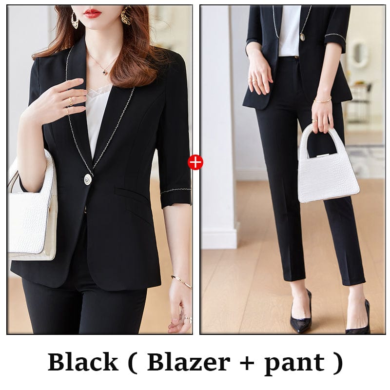 XL / 2 Piece Black Pant Suit Wholesaler 2 Piece Suit Set for Women Elegant Pant Suits Half Sleeve Blazer Business Office Lady Work Wear White Women Suits