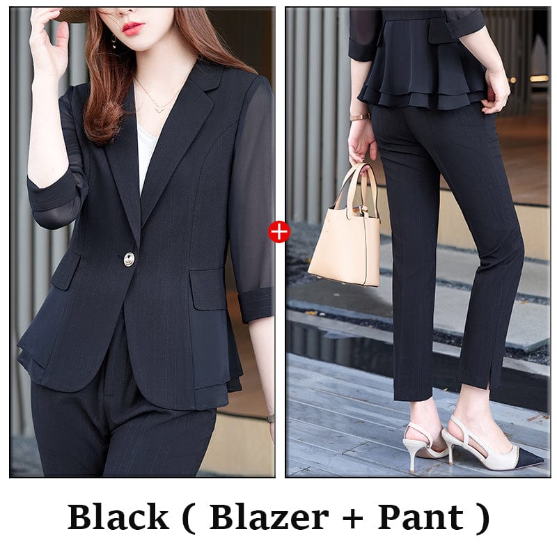XL / 2 Piece Black Pant Suit Wholesaler Two Piece Set Summer Women Elegant Pant Suits Half Sleeve Blazer Business Office Lady Work Wear Fashion Outwear