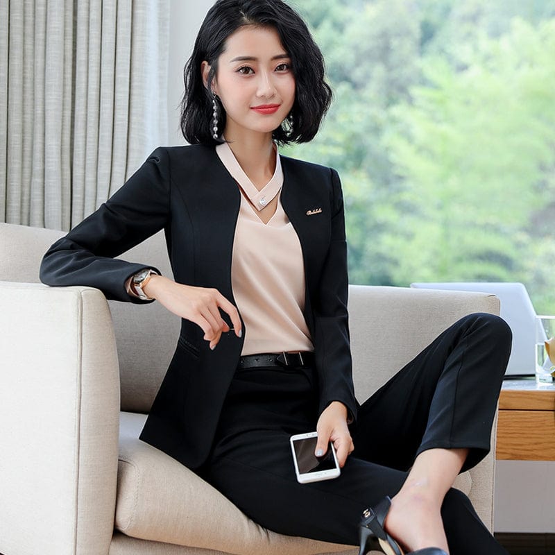 XL / 2 Piece Black Pants Suits China Factory Direct Sell 2 Piece Set Professional work Pant suit formal long sleeve Keep Slim blazer for office lady women wear