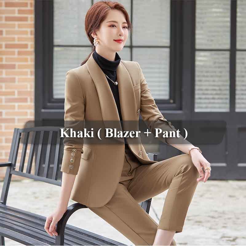 XL / 2 Piece Khaki Pant Suit High-quality Wholesale Shawl Collar 2 Piece Suit Set for Women Business Office Lady Work Wear Business One button Pant Suits