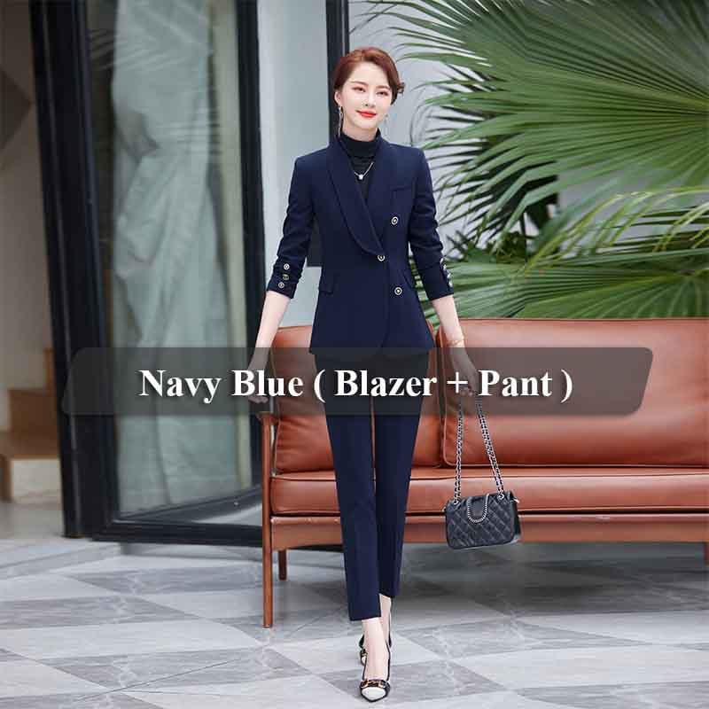 XL / 2 Piece Navy Blue Pant Suit High-quality Wholesale Shawl Collar 2 Piece Suit Set for Women Business Office Lady Work Wear Business One button Pant Suits