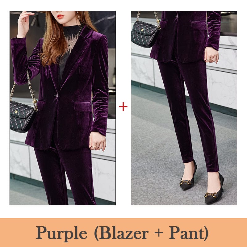 XL / 2 Piece Purple Pant Suit Wholesale High-quality Velvet Fabric Business Pant Suit 2 Piece Set for Women Thick Soft Fashion Jacket and Trouser Office Lady
